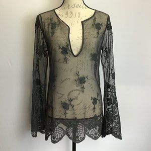 DKNY-Sheer Embroidered Top with Statement Sleeves